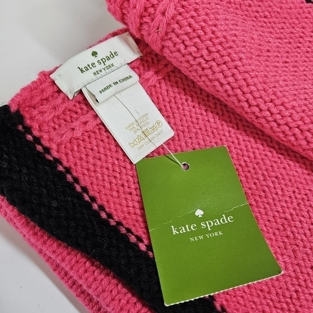 NEW Kate Spade Fine Gauge Jersey Knit Muffler Scarf Pink Swirl/Black Wool Blend
